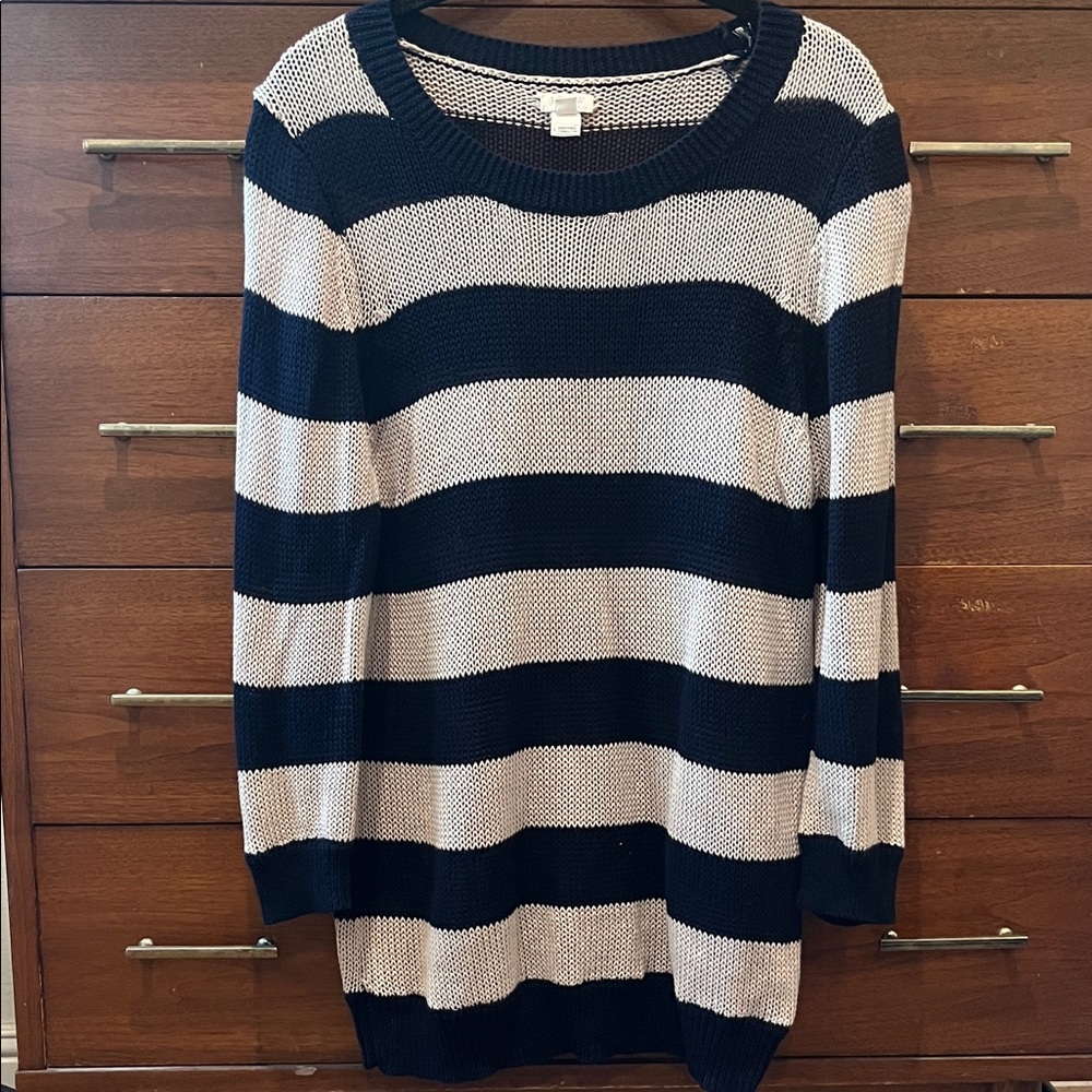 J. Crew Navy and Tan Striped Linen and Cotton Sweater